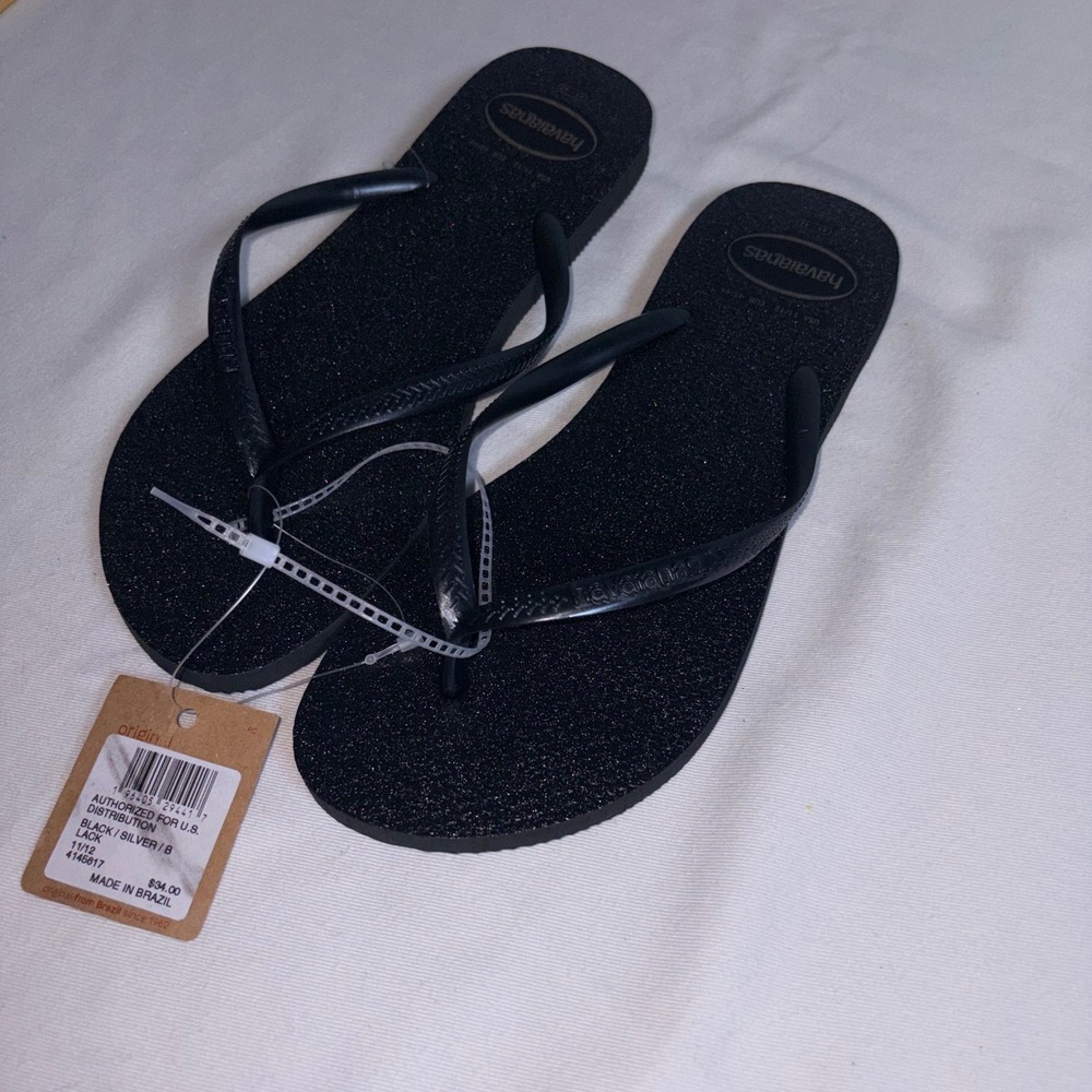 Havaianas Slim Glitter Flip Flops Size 11 12 Black New Sparkle Sandals beach
